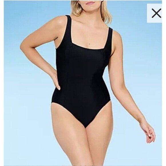 Mynah Swimsuit Medium Black One Piece Square Neck Nylon Spandex - Picture 1 of 12